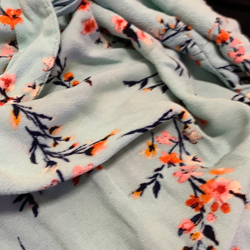 Aquamarine dress with orange and pink cherry blossoms